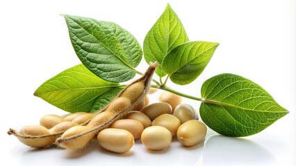 Close-up of a soybean plant branch with beans and leaves isolated on white background