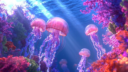 Wall Mural - Luminous Cambrian Oasis: Mesmerizing 3D Render of Vibrant Underwater Scene with Jellyfish and Colorful Corals