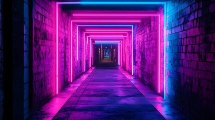 Wall Mural - Pink and blue neon lights on a city alley neo noir pink and blue style city street cyberpunk style dark alley with pink and blue gradient neon lights generative ai. Neon Noir. Illustration