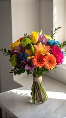 Sticker - Bright and Colorful Bouquet of Flowers in a Vase on a Light Background. Generative AI