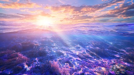 Wall Mural - Tranquil Cambrian Ocean Twilight Scene with Diverse Marine Life | Ultra-Detailed 3D Render Digital Artwork