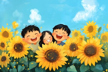 Children laughing in a sunflower field. Concept of joy, friendship, and summer.