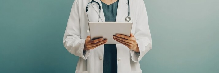 Fototapete - A doctor in a white coat is standing in a medical office, focusing on a tablet while surrounded by a calming blue setting. Generative AI
