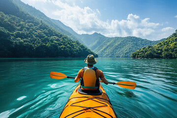 Wall Mural - Kayaking adventure in scenic mountain lake on a sunny day