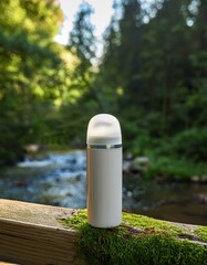 Wall Mural - Cream-colored bottle on mossy rail near a stream. Peaceful nature scene.