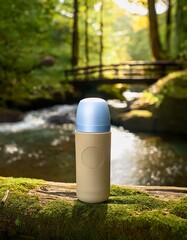 Canvas Print - Tan and blue travel container sits on mossy log by a creek.