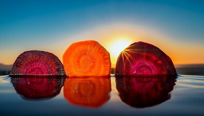 Canvas Print - Vibrant carrot and beet slices float on calm water at sunset, creating a striking reflection.