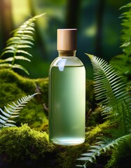 Canvas Print - Glass bottle with a wooden cap filled with a light green liquid sits on a bed of moss.