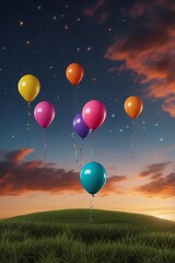 Wall Mural - colorful balloons above  hill against flying in the sky