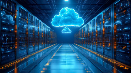 Abstract glowing orange cloud symbol over circuit board, representing cloud computing and digital data storage in a futuristic tech scene