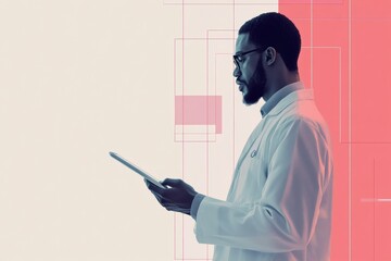 Aufkleber - A doctor in a white coat focuses on a digital tablet, engaged in patient care in a contemporary medical environment. Generative AI