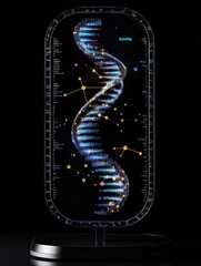Poster - A detailed depiction of DNA's double helix structure highlighted in bright colors, surrounded by genetic markers and scientific data. Generative AI