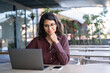 © Stock 4 You - Portrait of 20s latin hispanic freelance business entrepreneur. Smiling businesswoman working remotely online on laptop computer outdoors. Smiling Indian young student woman using pc app for learning