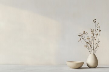Aufkleber - Dried flowers are arranged in a minimalist vase next to a simple bowl, set against a softly lit background. Generative AI