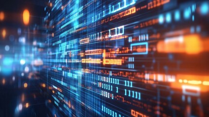 With futuristic HUD screen and blue data matrix simulation on abstract background