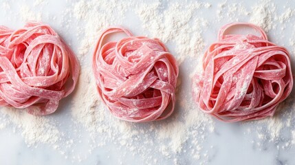 Sticker - Three strands of ruby pink tagliatelle pasta on a marble kitchen counter sprinkled with flour, captured in an Instagram worthy style