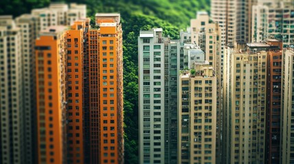  A high-angle view of a densely populated city with tall apartment buildings,  blending into a lush green forest.