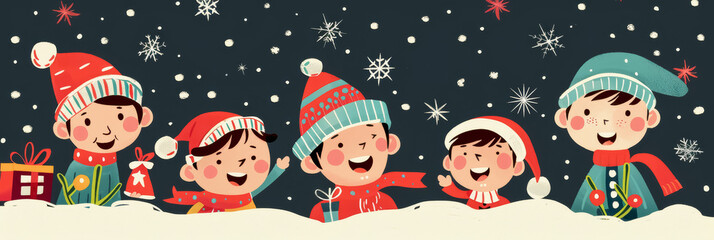 Wall Mural - Playful children celebrating Christmas with joyful designs and festive attire in winter. Banner