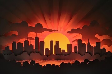 Poster - Sunset over a city skyline with silhouette of buildings, mountains, and trees under a vibrant orange sky featuring scattered birds in flight