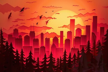 Poster - Sunset over a city skyline with silhouette of buildings, mountains, and trees under a vibrant orange sky featuring scattered birds in flight