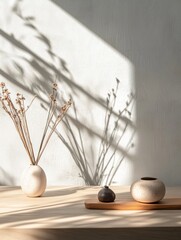 Poster - Dried flowers in vases create an elegant arrangement, projecting beautiful shadows on a light wall in the afternoon sun. Generative AI