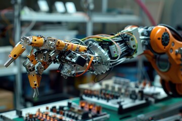 Poster - Robotic arm assembling electronic components in a modern manufacturing facility during late afternoon