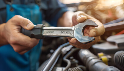 Wall Mural - Male car mechanic worker working using wrench tool for repair, maintenance underneath car. Mechanic vehicle service checking under car in garage. Auto car repair service, maintenance concept