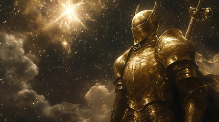 Wall Mural - A knight clad in shining gold armor stands against a dark starry sky, bathed in celestial light, with swirling clouds and a radiant star above their head. Celestial Gothic. Illustration