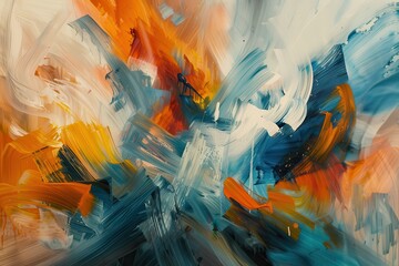 Leinwandbilder - Vibrant abstract painting featuring swirling hues of orange, blue, and white, showcasing dynamic brush strokes that evoke a sense of movement and energy, captured in an artistic studio