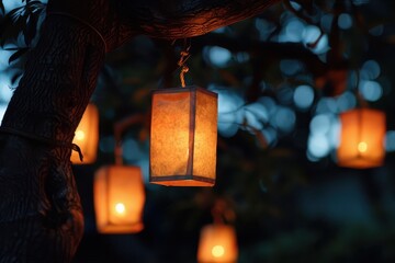 Aufkleber - Beautifully illuminated lanterns glowing along a serene pathway in a tranquil garden during twilight, creating a magical atmosphere for evening strolls