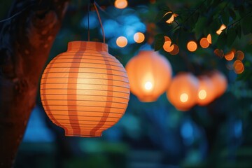 Aufkleber - Beautifully illuminated lanterns glowing along a serene pathway in a tranquil garden during twilight, creating a magical atmosphere for evening strolls