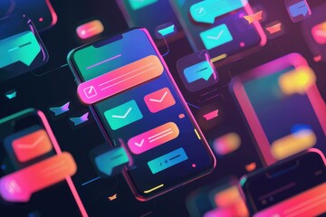 Aufkleber - A vibrant digital interface featuring various social media notifications, messages, and app designs illuminated with neon colors in an abstract arrangement