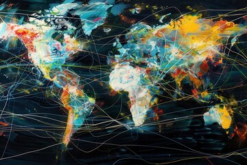 Aufkleber - A colorful world map showcasing global connections with vibrant lines representing trade routes and cultural exchanges in a modern art style
