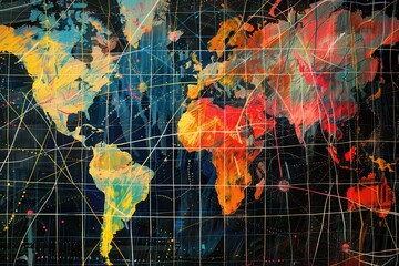 Aufkleber - A colorful world map showcasing global connections with vibrant lines representing trade routes and cultural exchanges in a modern art style