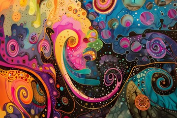 Poster - Colorful abstract mural featuring swirling patterns and vibrant hues located in an artistic district, showcasing creativity and imagination on a sunny afternoon