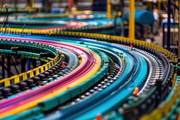 Aufkleber - Colorful conveyor belt system in a manufacturing facility featuring curved tracks for efficient product movement during the daytime