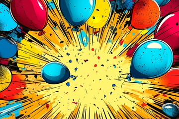 Colorful balloons exploding in a comic book style. Concept of celebration, joy, and fun.