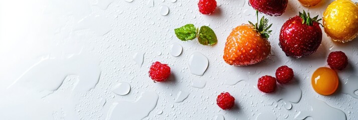 Poster - A colorful arrangement of strawberries, raspberries, and citrus fruits glistening with water droplets on a bright surface. Generative AI