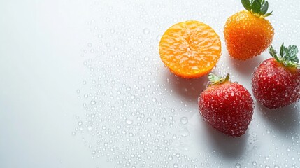 Poster - Juicy strawberries and a sliced mandarin showcase vibrant colors on a wet surface, illuminated by soft morning light. Generative AI