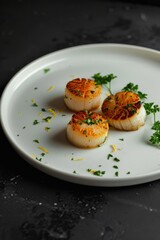 Wall Mural - Grilled scallops with herbs served on a white plate in a gourmet restaurant setting