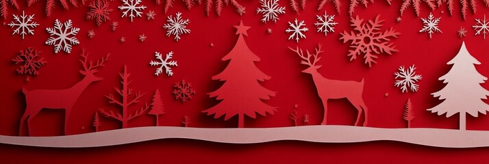 Poster - Festive red paper craft scene with white snowflakes, reindeer silhouettes, and Christmas trees creating a magical winter wonderland backdrop for holiday designs.