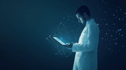 Fototapete - A doctor in a white coat is focused on a digital device, exploring data and conducting research in a dark laboratory setting. Generative AI