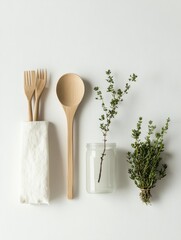 Poster - A set of wooden forks and spoons alongside fresh herbs in glass jars showcases a minimalist kitchen setup for delicious meals. Generative AI