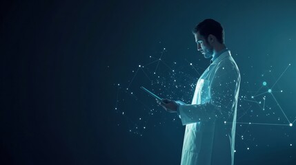 Fototapete - A doctor wearing a white coat reviews information on a tablet, surrounded by a dark background and glowing digital elements. Generative AI