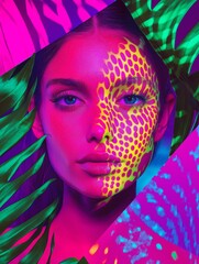 Model posing with creative fluorescent makeup and tropical leaves in neon light