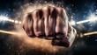 © intricateflow - A close up view of a fist punching towards the camera; an action packed flying fist with an animated colorful background; a clinching fist in detailed punching at the camera; blurred background