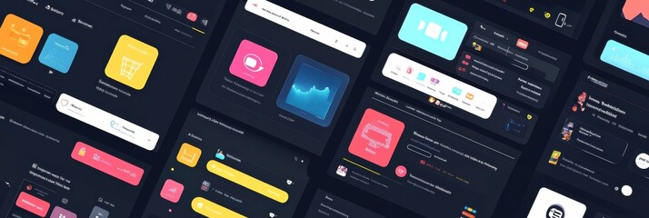 Fototapete - Various social media app interfaces are arranged in a grid, highlighting notifications, messages, and user engagement in a modern setting. Generative AI
