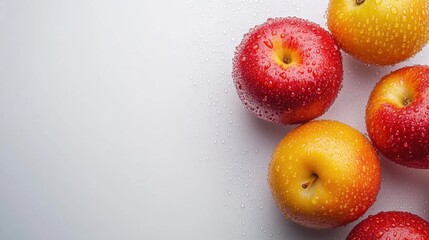 Leinwandbilder - A group of red and yellow apples rests on a light surface, glistening with water droplets that enhance their freshness and color. Generative AI
