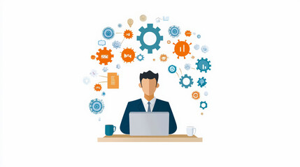 Sticker - a person works on a laptop, surrounded by gears and icons representing ideas and creativity, symboli