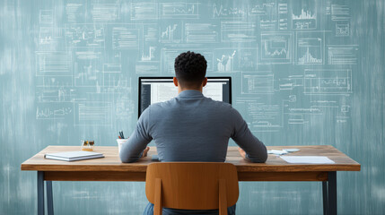 Sticker - a person sits at a desk working on a computer, surrounded by various diagrams and charts on a chalkb